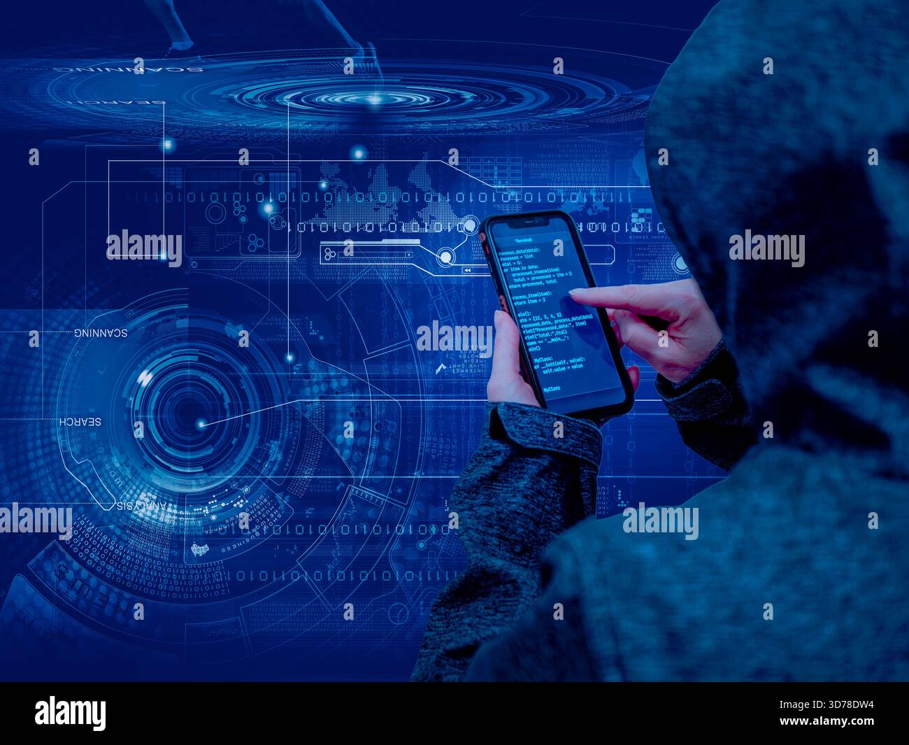Mobile cybersecurity – developer analyzing code in virtual interface Stock Photo