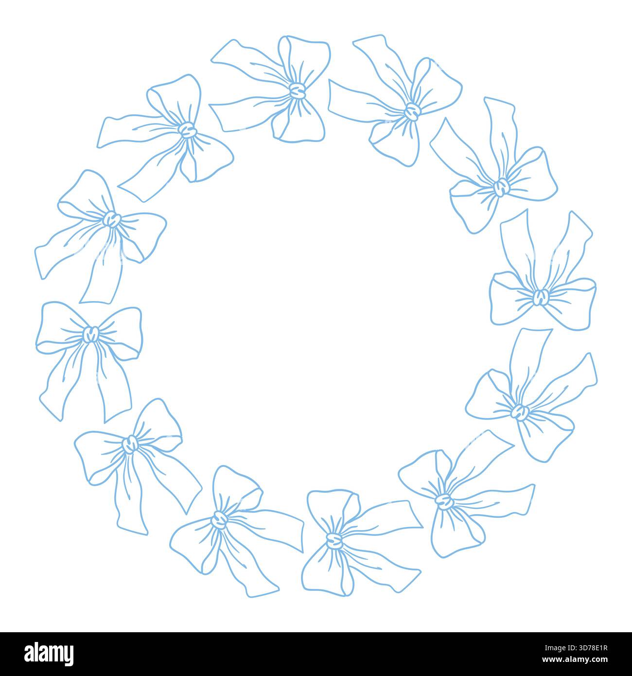 Several light blue outline drawings of bows are arranged in a circle, creating a frame or wreath-like design. The center is white space. Stock Vector