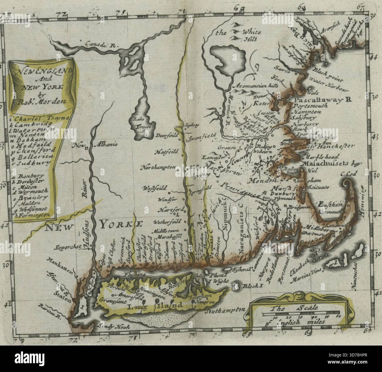 New England and New York, 1680. Published in London by Robert Morden and Thomas Cockeril. The map is hand-colored and measures 11 x 13 cm, folded to 15 x 8 cm. It falls under the categories of early works to 1800 for both New England and New York Stock Photo