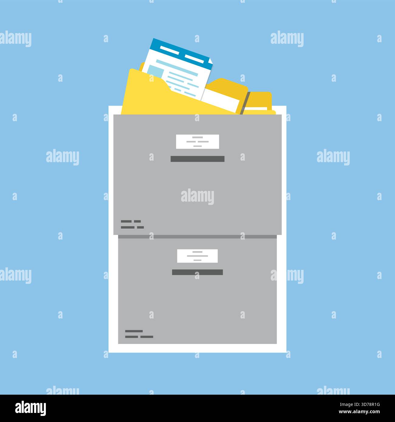 Cartoon storage box, yellow folders with documents. Files search, office paperwork. File manager, data storage and indexing. Design isolated on blue b Stock Vector