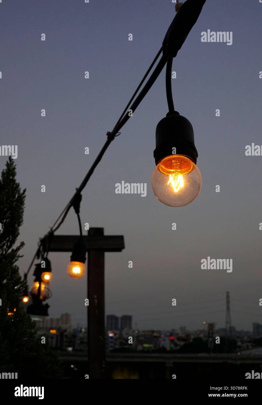 Classic light bulbs hanging around rooftop bar Stock Photo