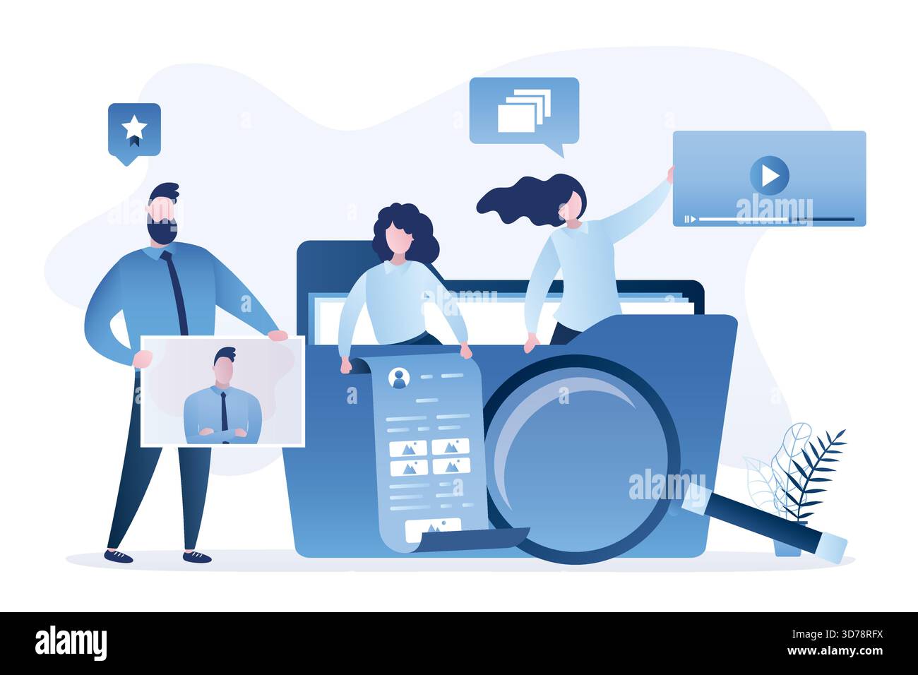 Big folder and various people with media content. Users searching files and information. Online data storage, cloud computing. Web technology, interne Stock Vector