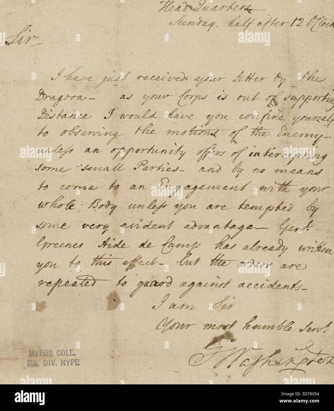 Letter from George Washington at headquarters addressed to Colonel ...