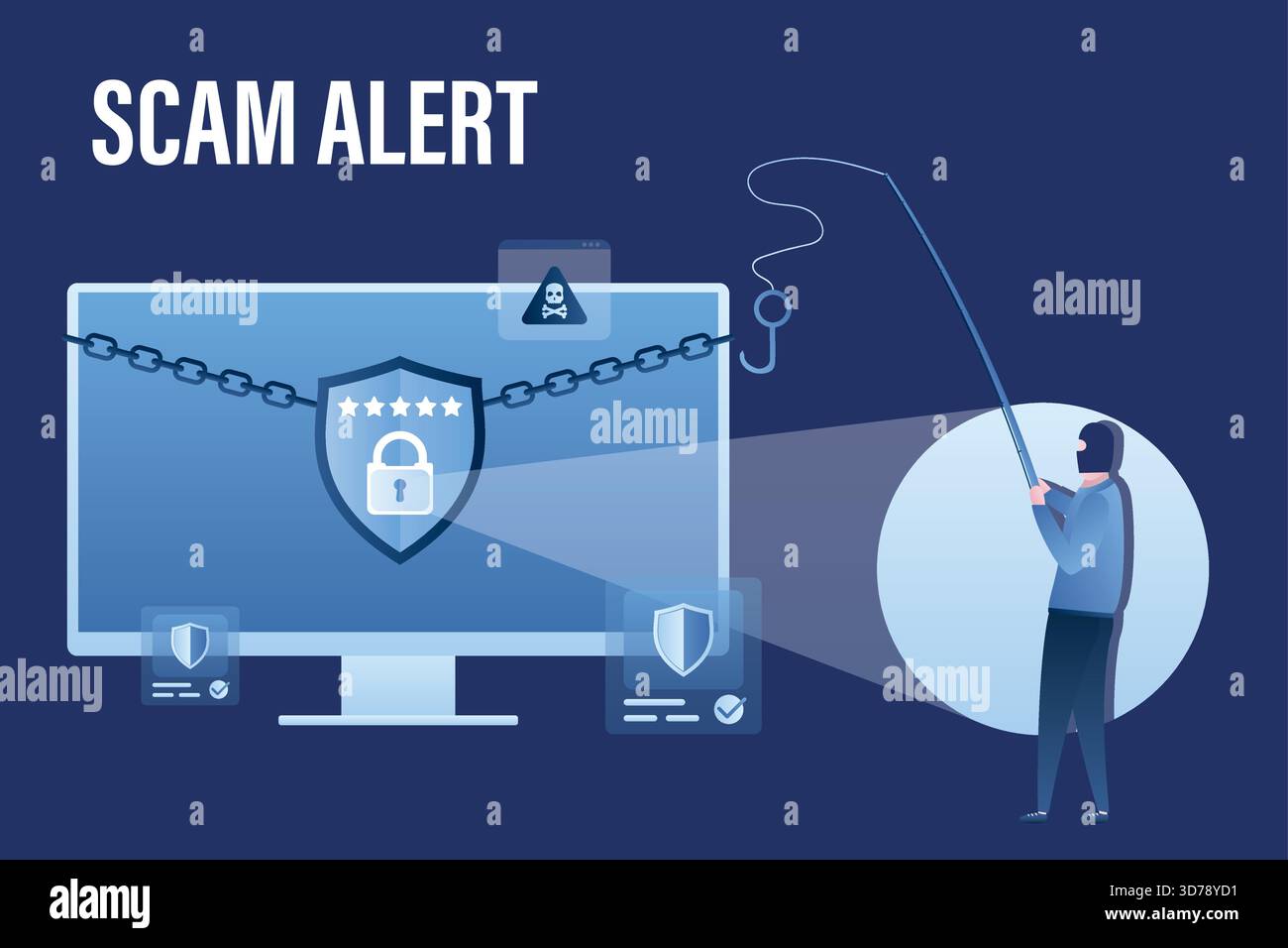 Data protection, computer with effective antivirus. Spamming, virus detection. Hacker attack, scam alert. Network piracy danger. Hacker steals passwor Stock Vector