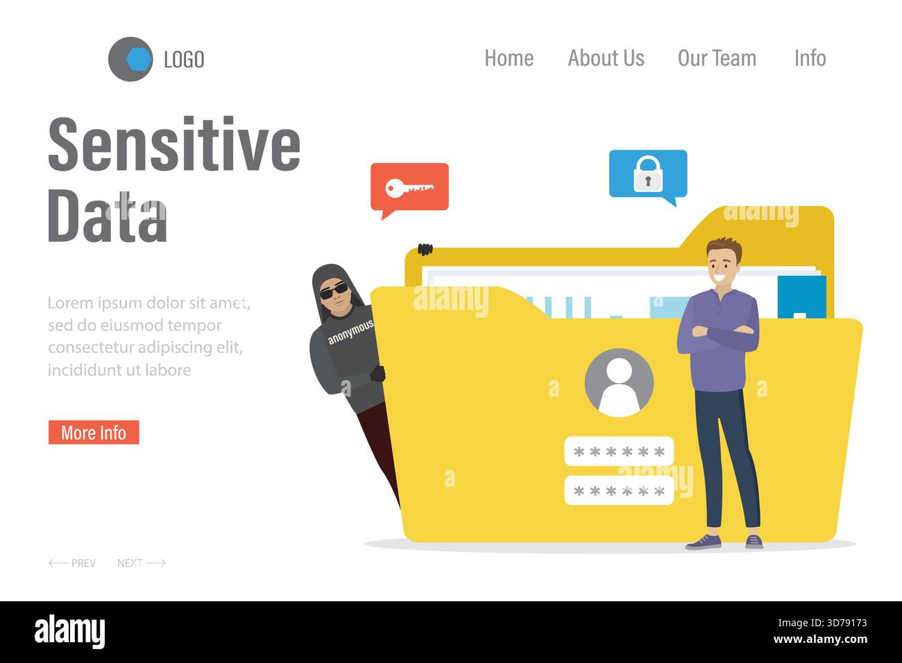 Data protection, effective antivirus or firewall. Sensitive data landing page template, businessman with folder. Hacker attack, network piracy danger. Stock Vector