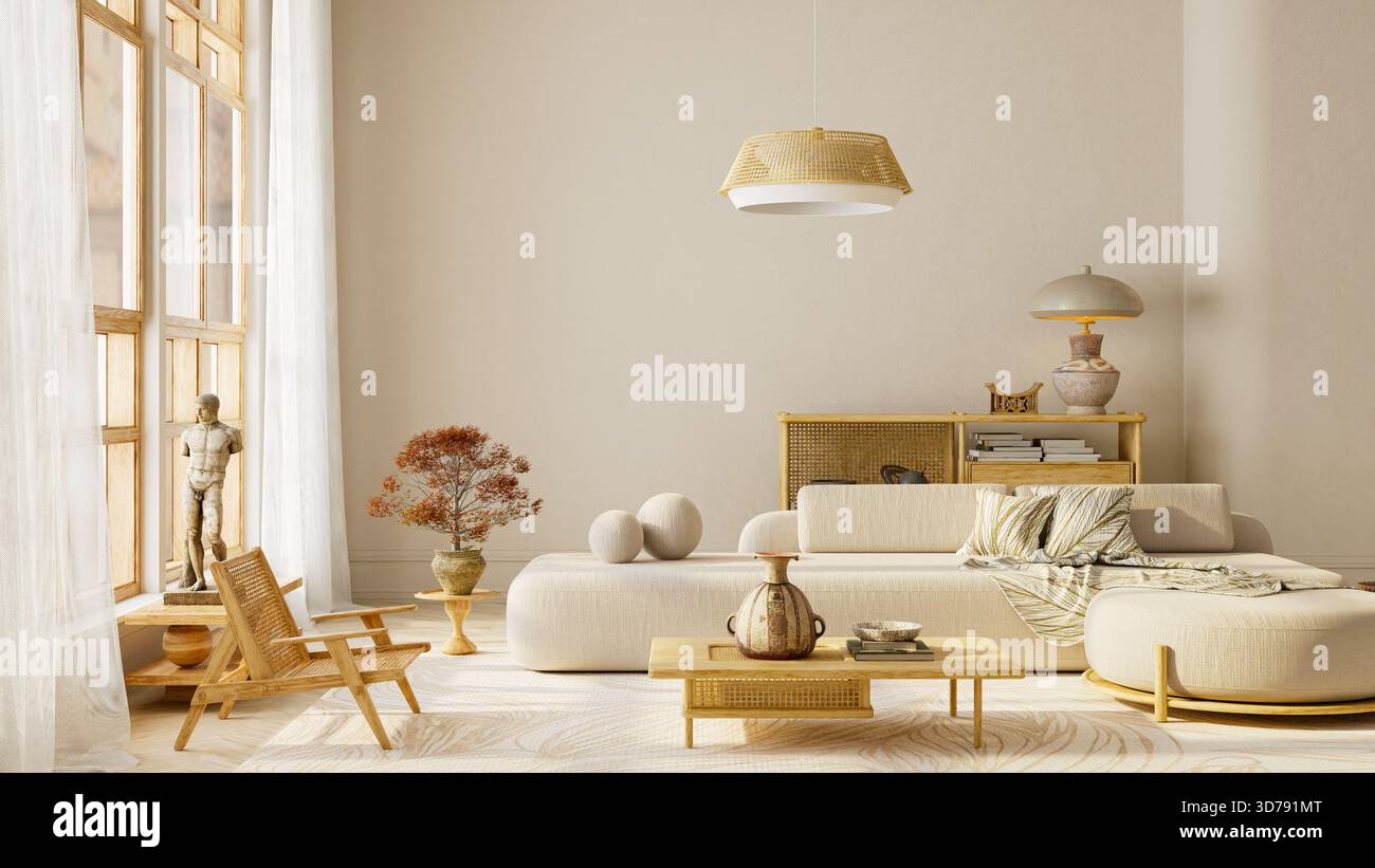 Bright Japandi style living room interior featuring warm natural light, wooden furniture, soft neutral colors, and cozy textures, creating a calm, min Stock Photo