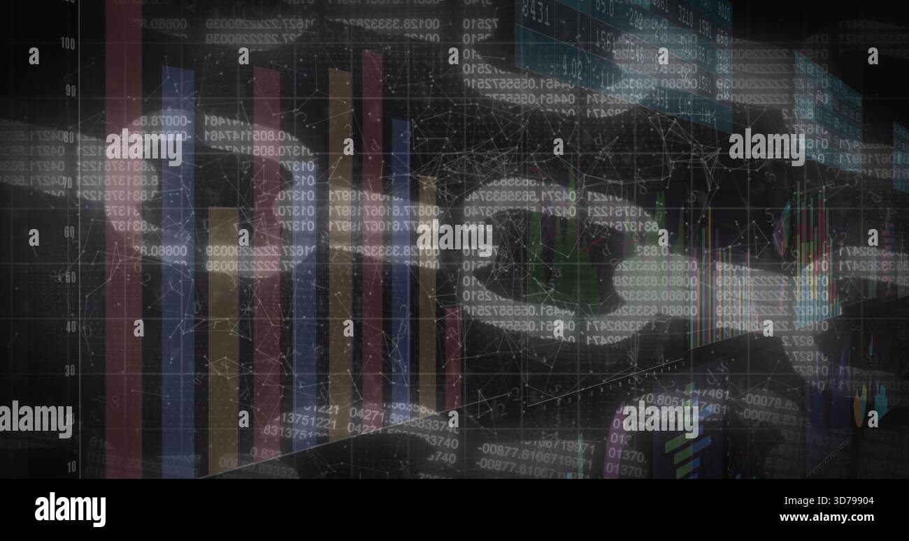 Displaying data display filling frame in dark dashboard, with vertical bars, candlesticks, grid Stock Photo