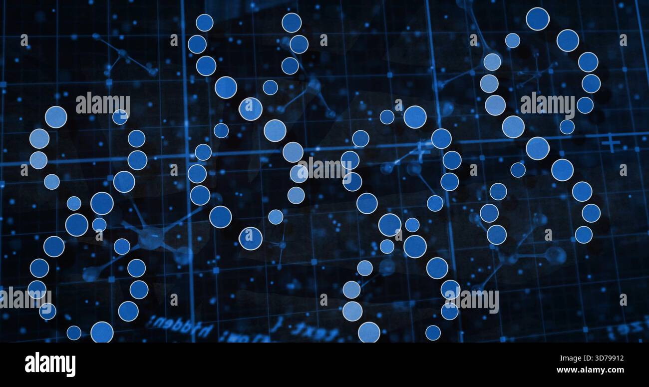 Displaying glowing blue nodes forming ring clusters on data grid, with connecting filaments Stock Photo