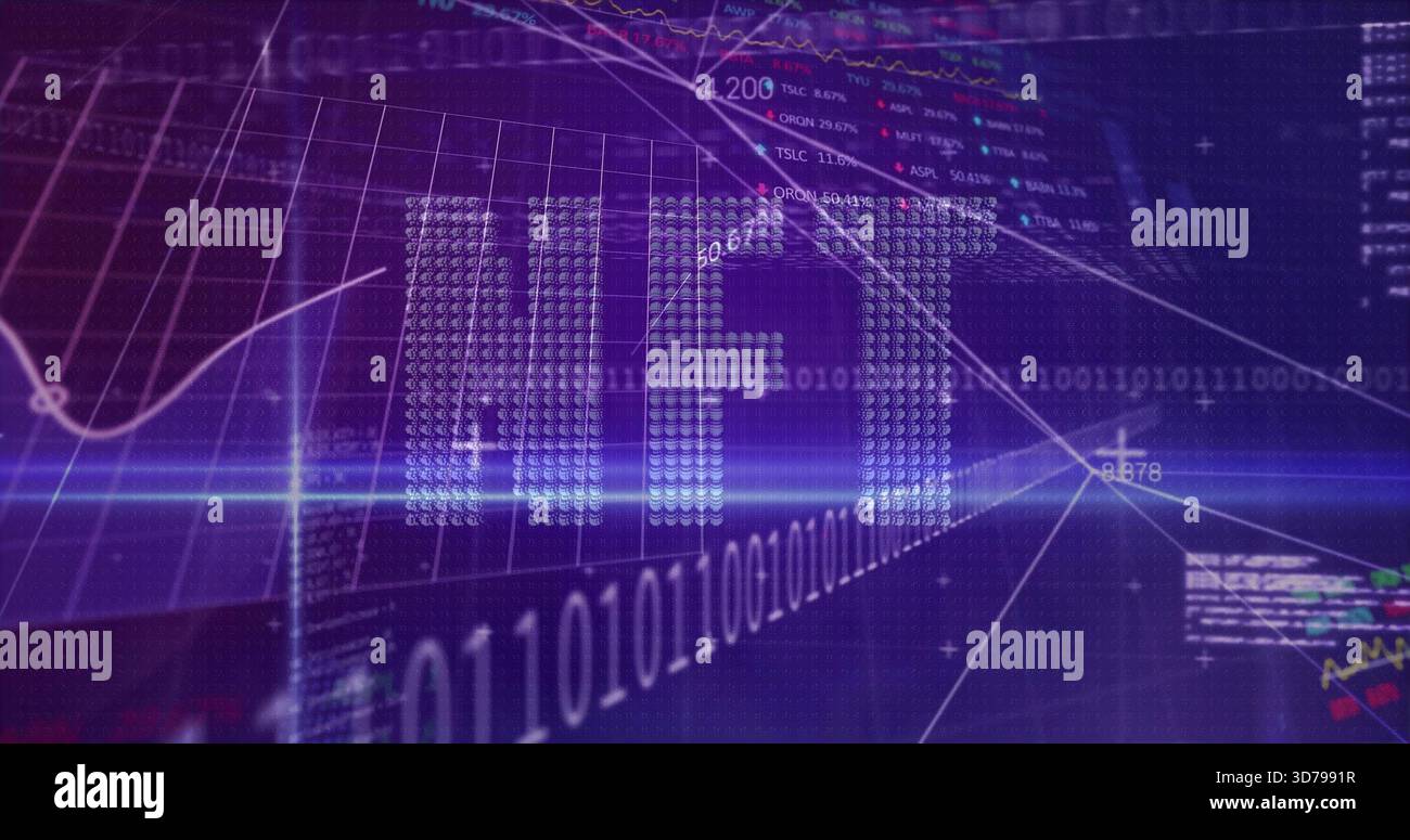 Displaying dotted IPO lettering in virtual dashboard, showing binary, graphs, candlesticks Stock Photo