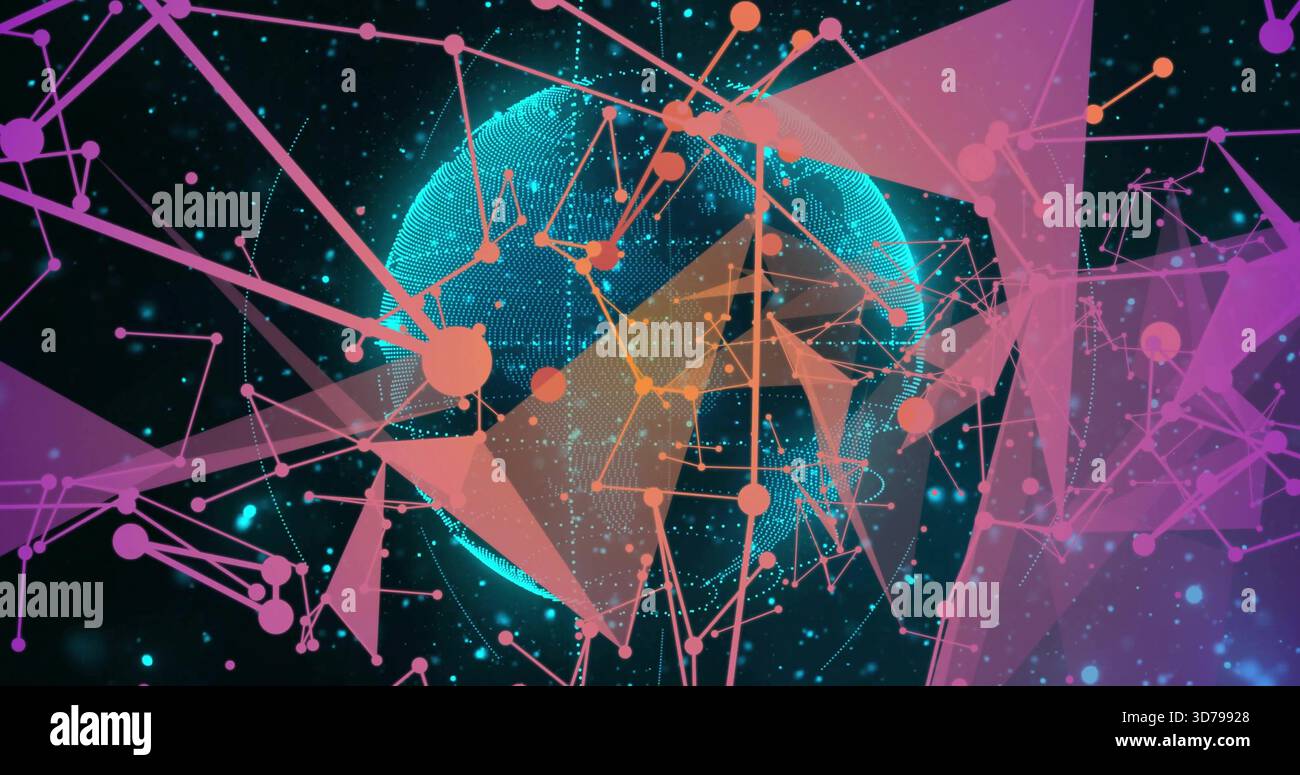 Glowing dotted sphere forming data globe in virtual space, showing network nodes and lines Stock Photo