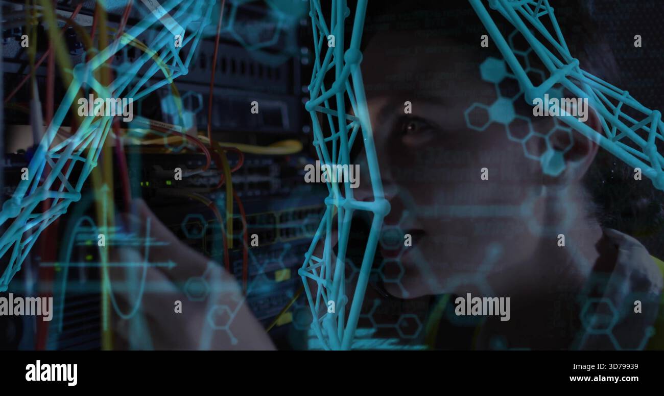 Checking female tech adjusting server rack at data center, wearing dark top, LED lights, copy space Stock Photo