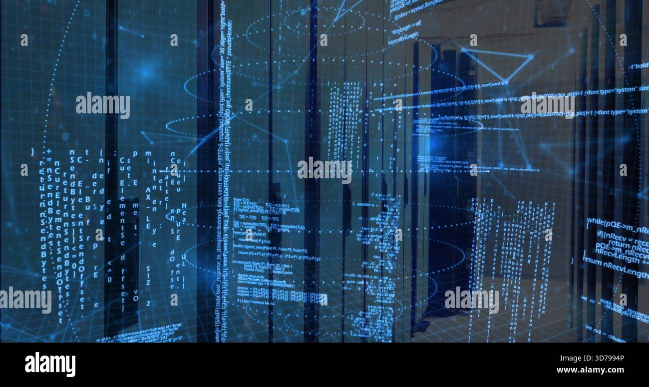Glowing glass-front server racks casting blue code overlay in data center, with LED lights, cables Stock Photo
