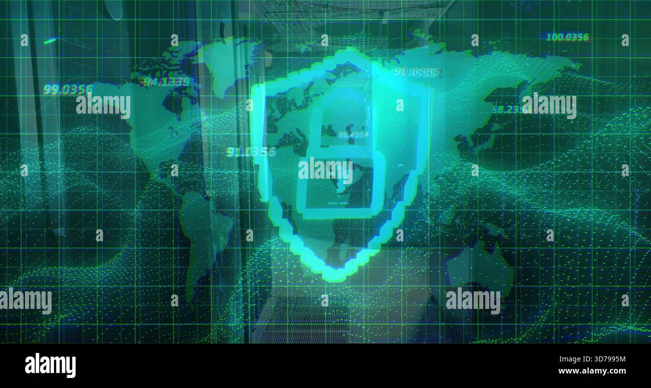 Showing pixelated shield with four-pane on cyber UI, displaying world map grid numeric labels Stock Photo