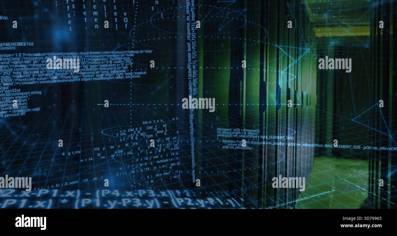 Streaming translucent 3D grid and glowing code across data center corridor, with server racks Stock Photo