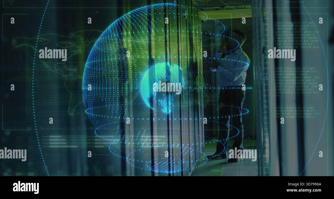 Inspecting tech in light shirt checking server racks in datacenter with hologram globe, copy space Stock Photo