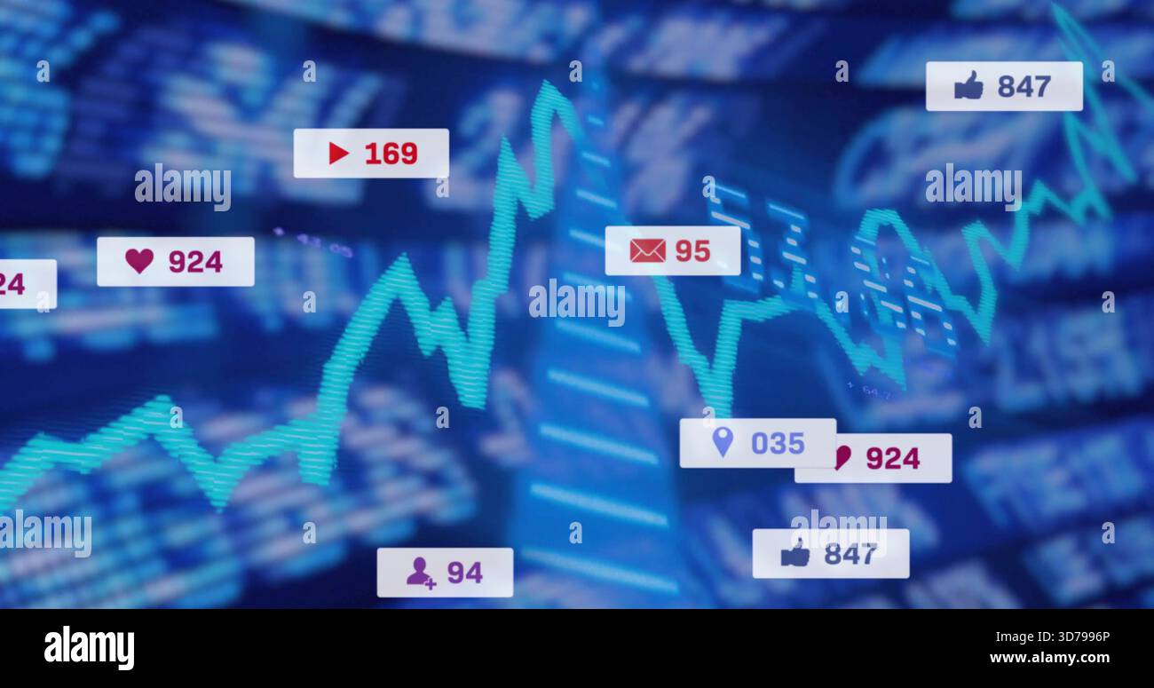 Displaying turquoise zigzag graph tracing analytics trends across digital dashboard, with badges Stock Photo