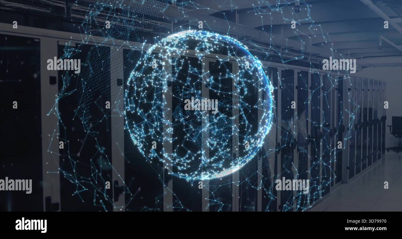 Hovering digital globe projecting network map at data center, with server racks and chair Stock Photo