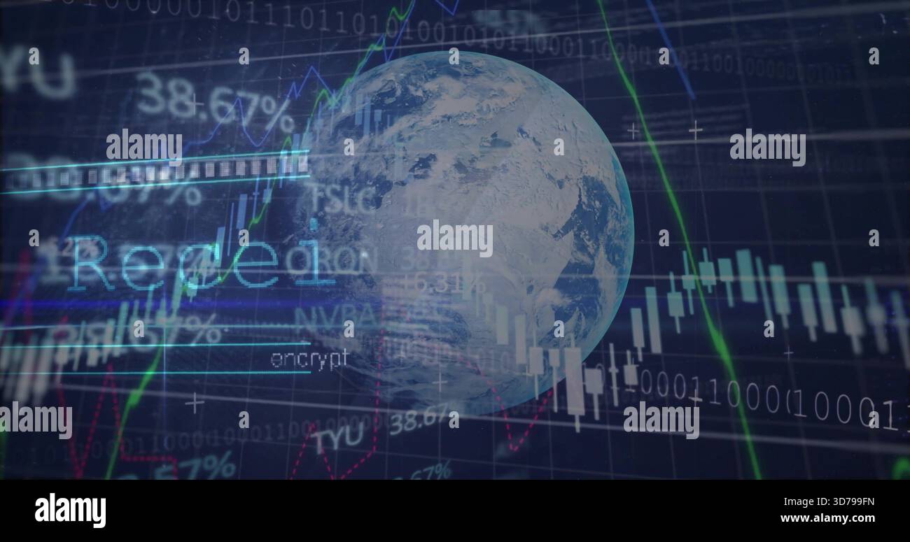Displaying clear Earth globe on dark-grid dashboard, showing candles, line graphs, binary, encrypt Stock Photo