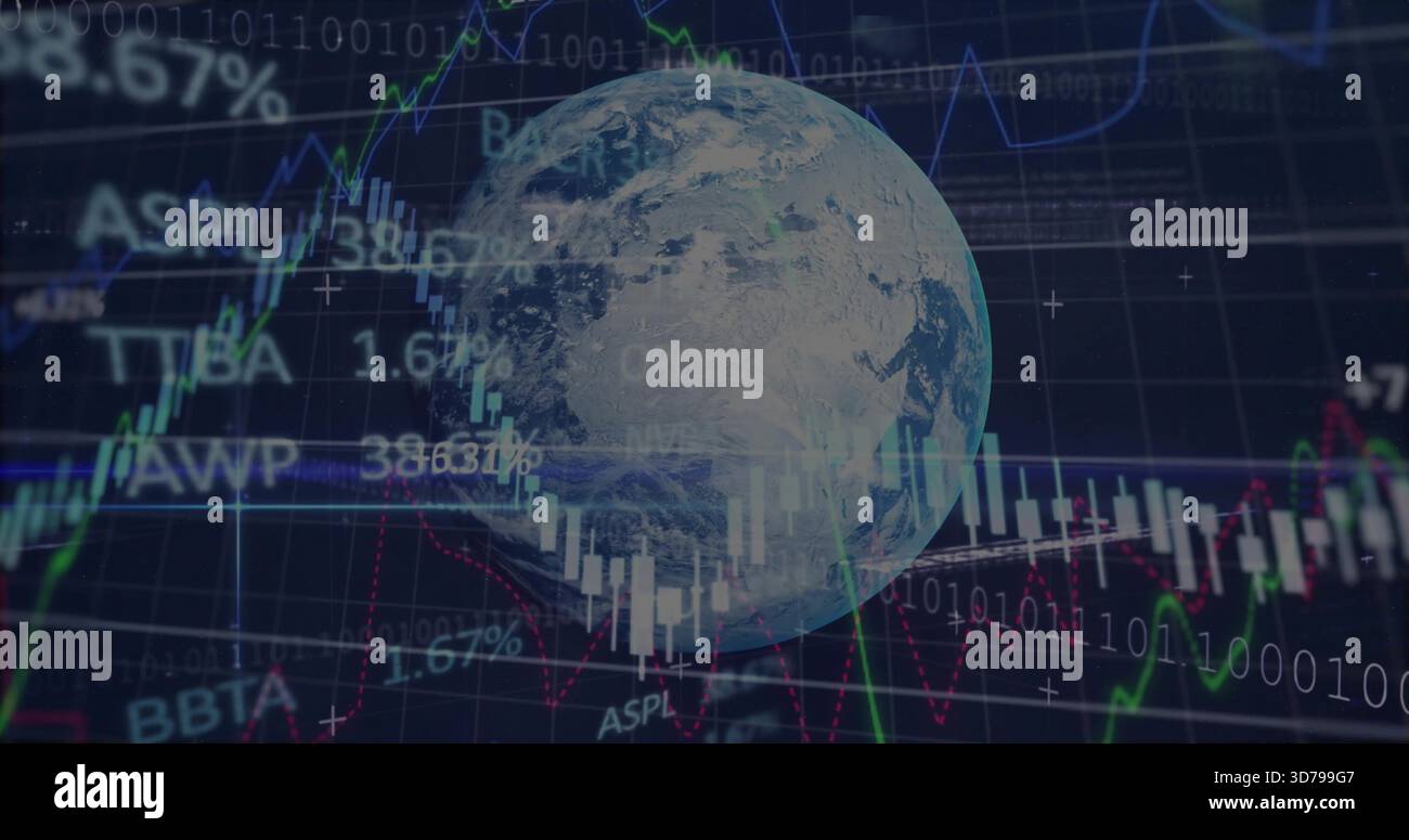 Displaying Earth globe over market data on dark grid, overlaying candlesticks, tickers, binary Stock Photo