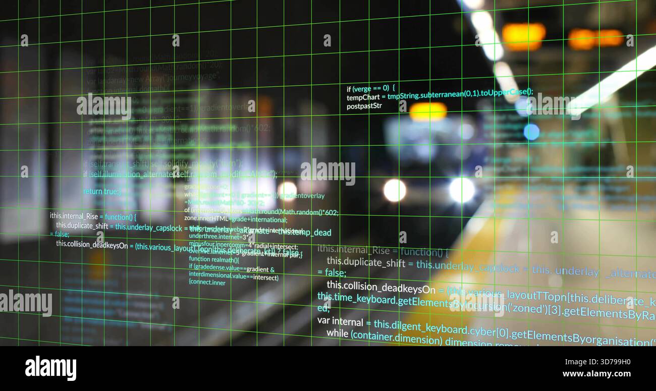 Displaying faint green grid overlay with floating code in subway tunnel, twin headlights glaring Stock Photo
