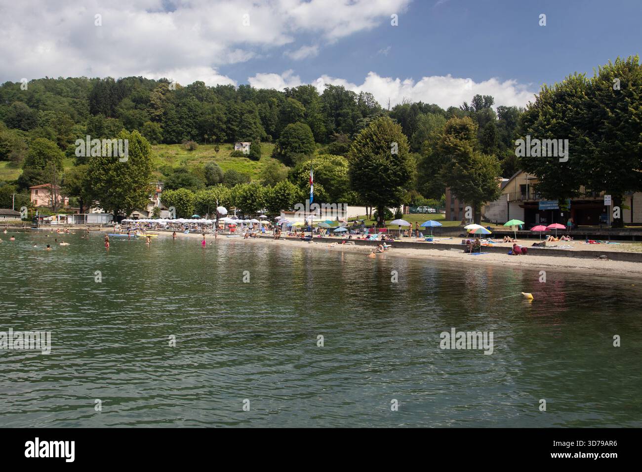 GOZZANO, ITALY, 29 JULY 2024; View of the popular summer destination Buccione Beach, in the Novara province of Piedmont in Italy, it is situated on - Stock Image