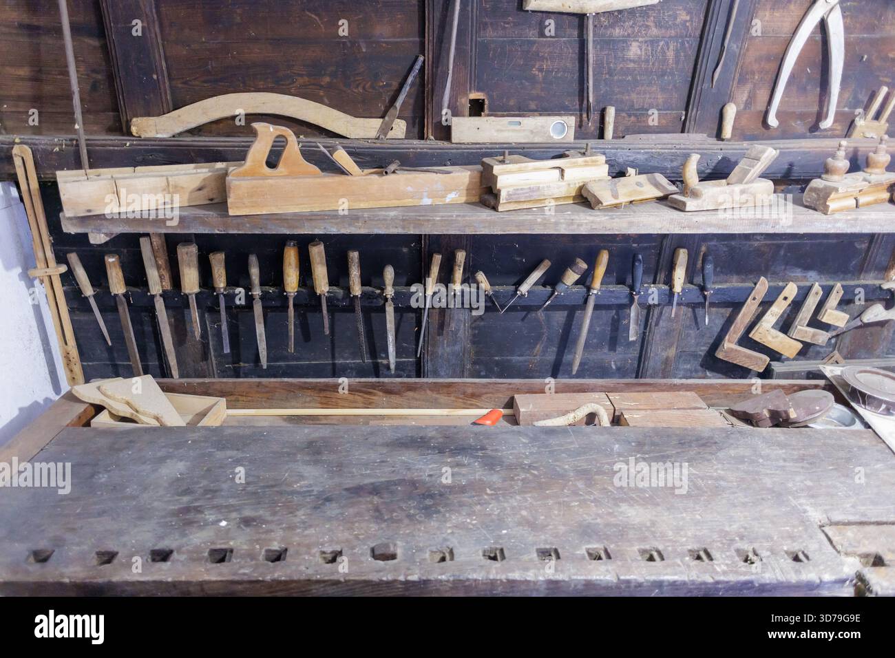 Craftsman tools arranged for woodworking tasks in a workshop environment Stock Photo