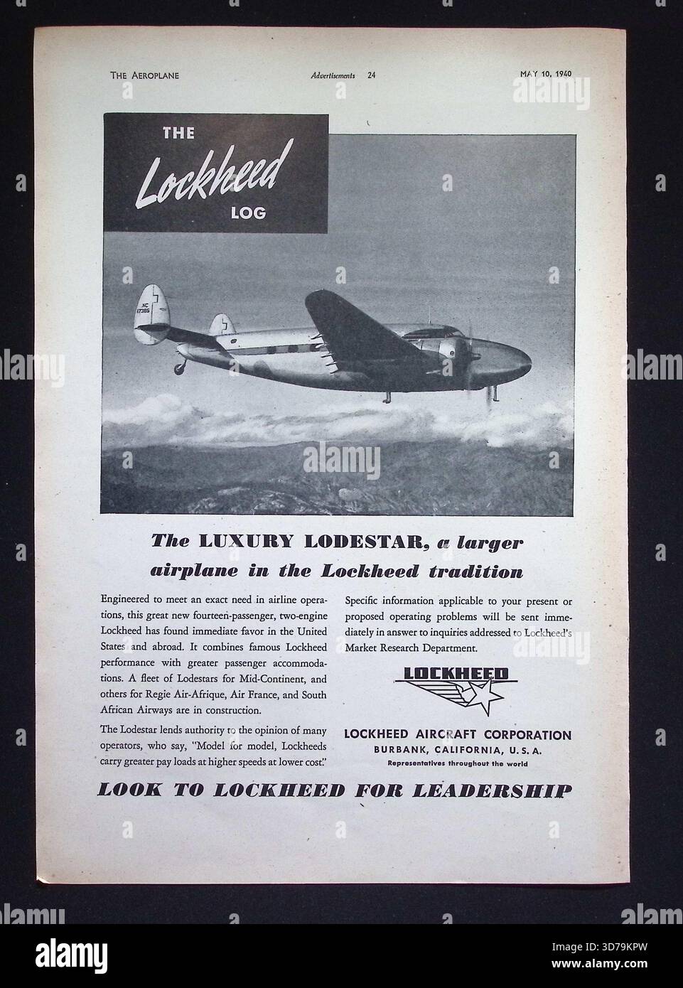 Original 1940 advertisement depicting the Lockheed Lodestar passenger ...