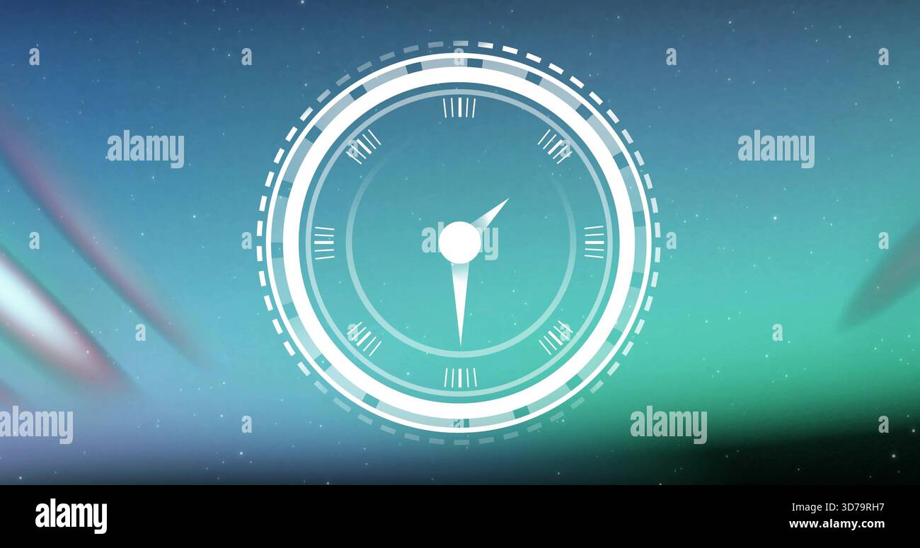 Displaying white HUD dial rotating over cosmic backdrop with rings and pointer hands Stock Photo