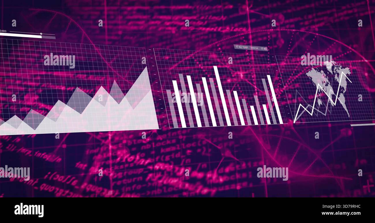 Displaying three translucent panels floating in data dashboard, with area, bar, line over world map Stock Photo