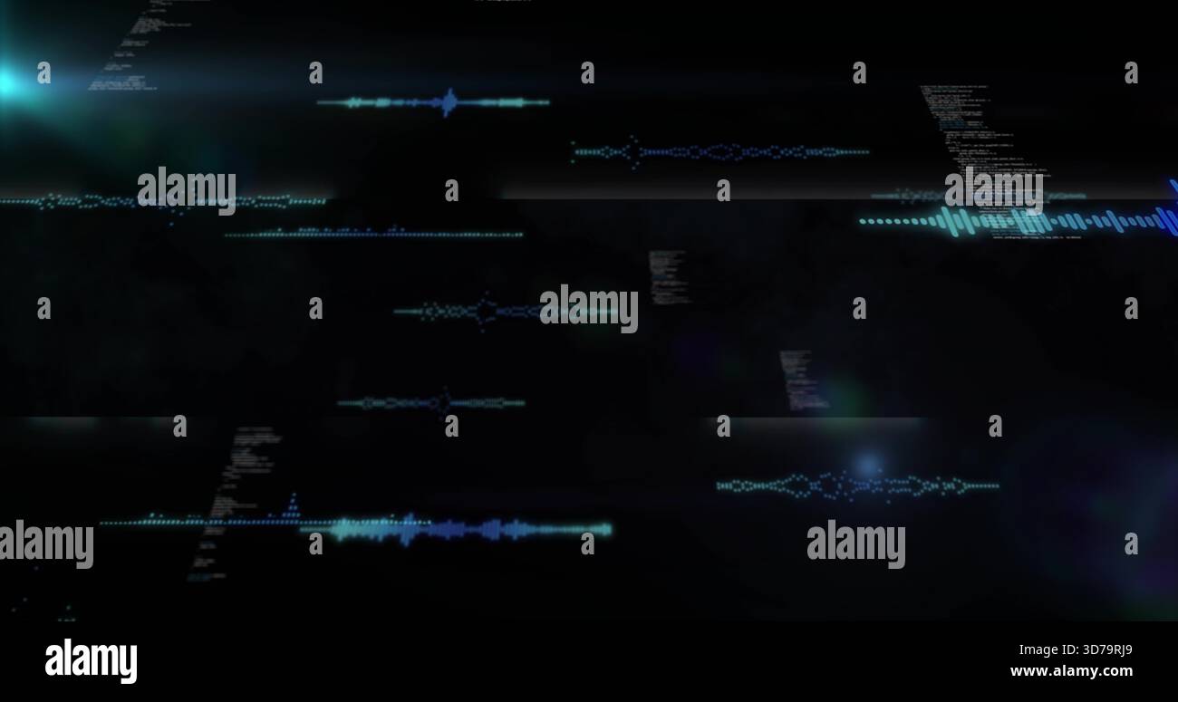 Displaying neon cyan and blue waveforms streaming in HUD over deep black void, with code, flares Stock Photo