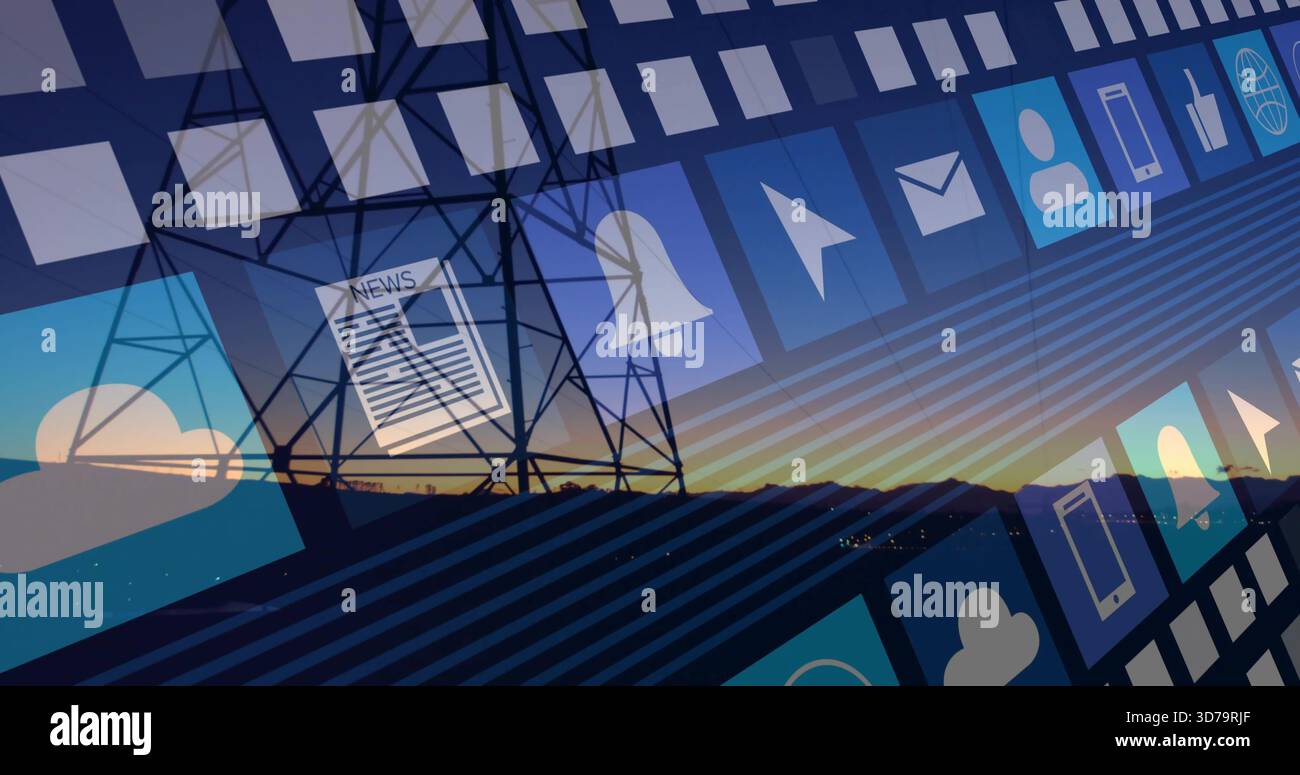 Displaying translucent app icons floating over sunset ridge, showing bell, envelope, cloud, tower Stock Photo