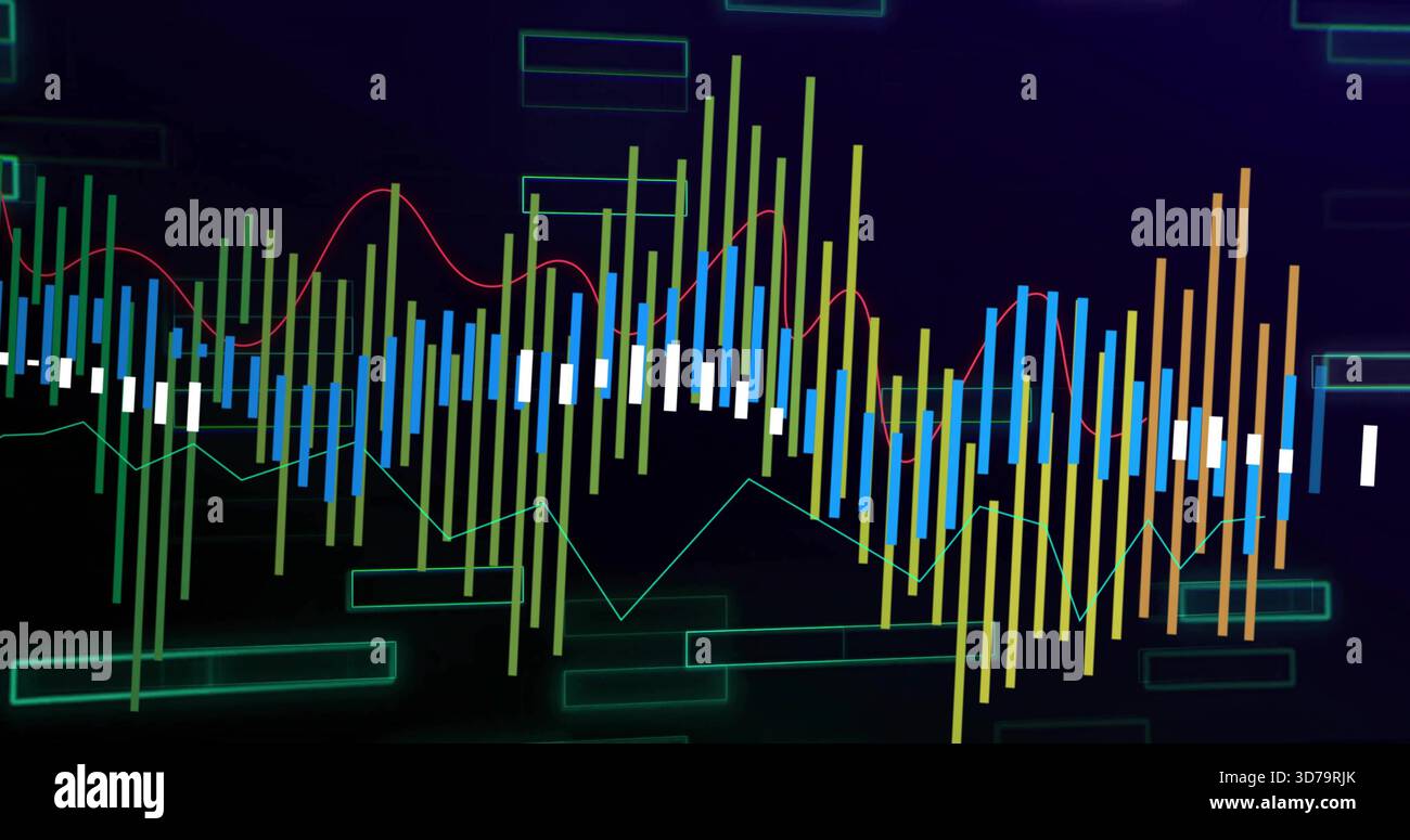 Displaying multicolored candlestick bars and trend lines on digital dashboard, with neon frames Stock Photo