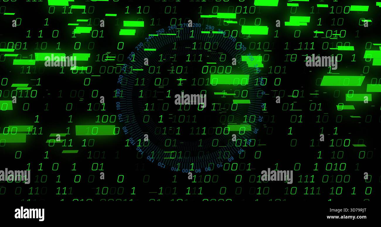 Streaming dense green binary digits and neon bars across virtual interface, with faint blue HUD Stock Photo