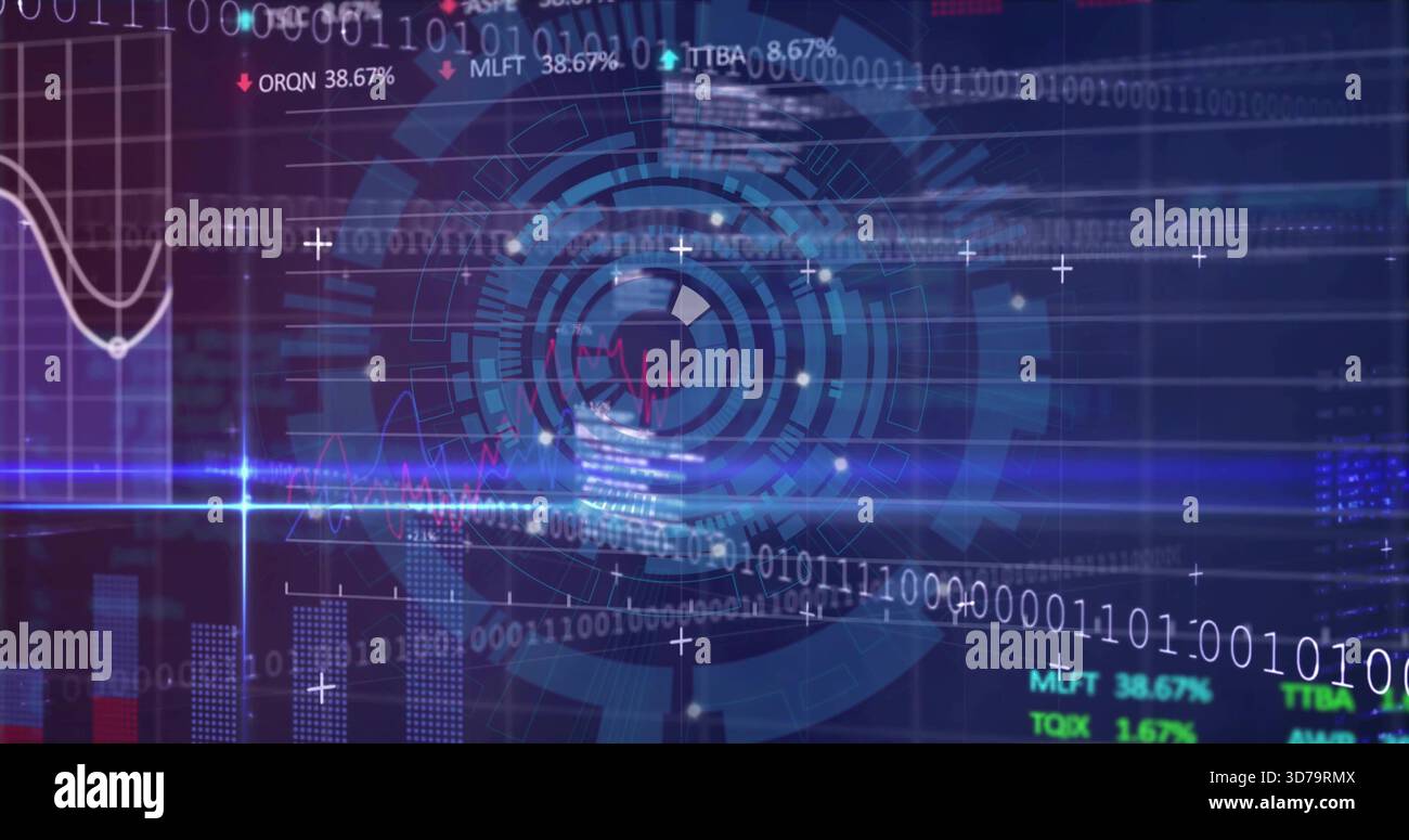 Displaying central circular HUD pulsing within virtual data dashboard, with scrolling binary code Stock Photo