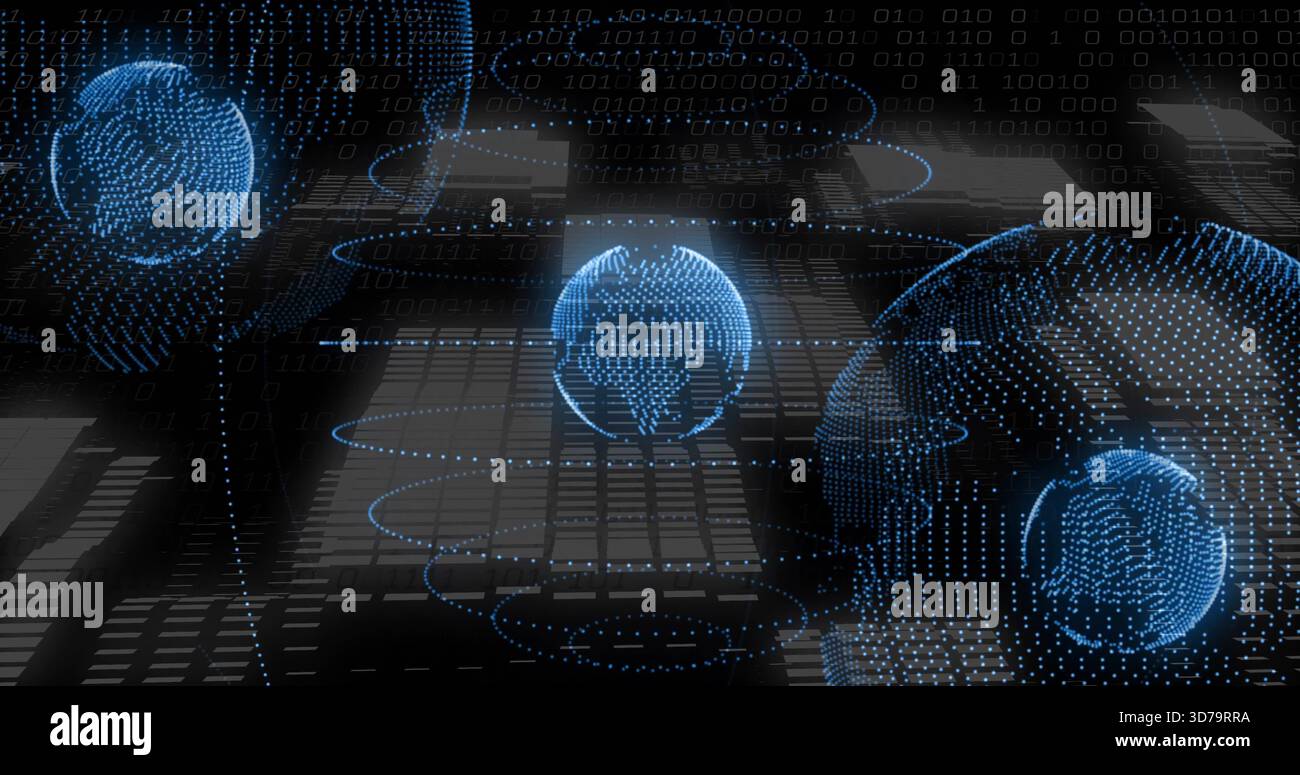 Floating blue dotted wireframe globe hovering over glossy grid plane, with binary streams and rings Stock Photo