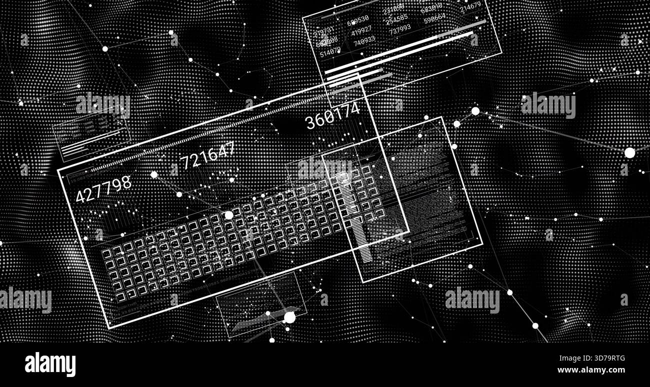 Displaying tilted data panel rotating in digital space, showing keyboard grid and numeric overlays Stock Photo