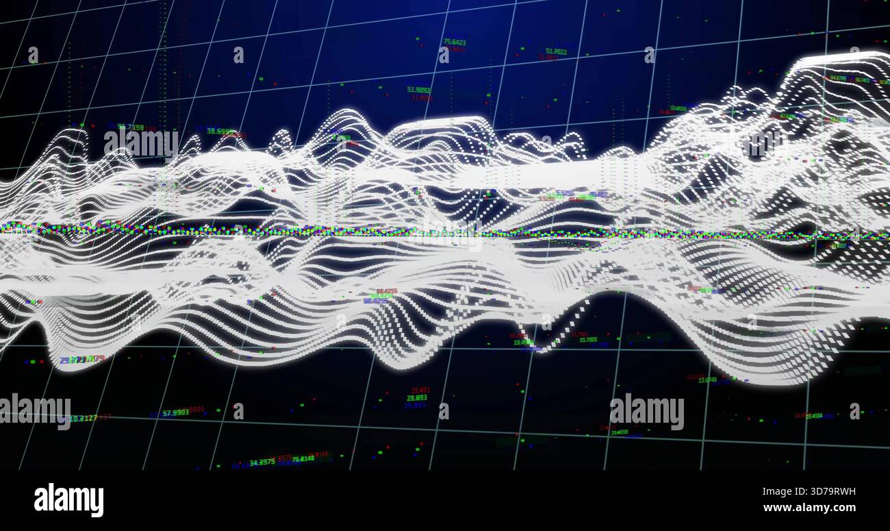 Undulating 3D white waveform rippling across dark grid, with numeric labels and colored markers Stock Photo