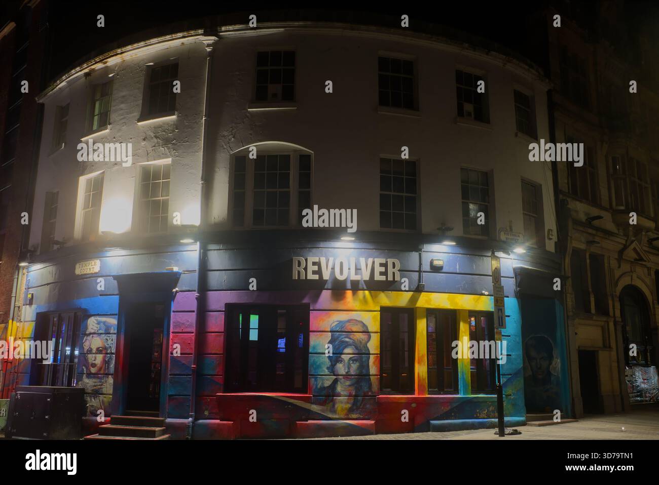 The Revolver bar in Liverpool's Cavern Quarter at night. The rounded ...