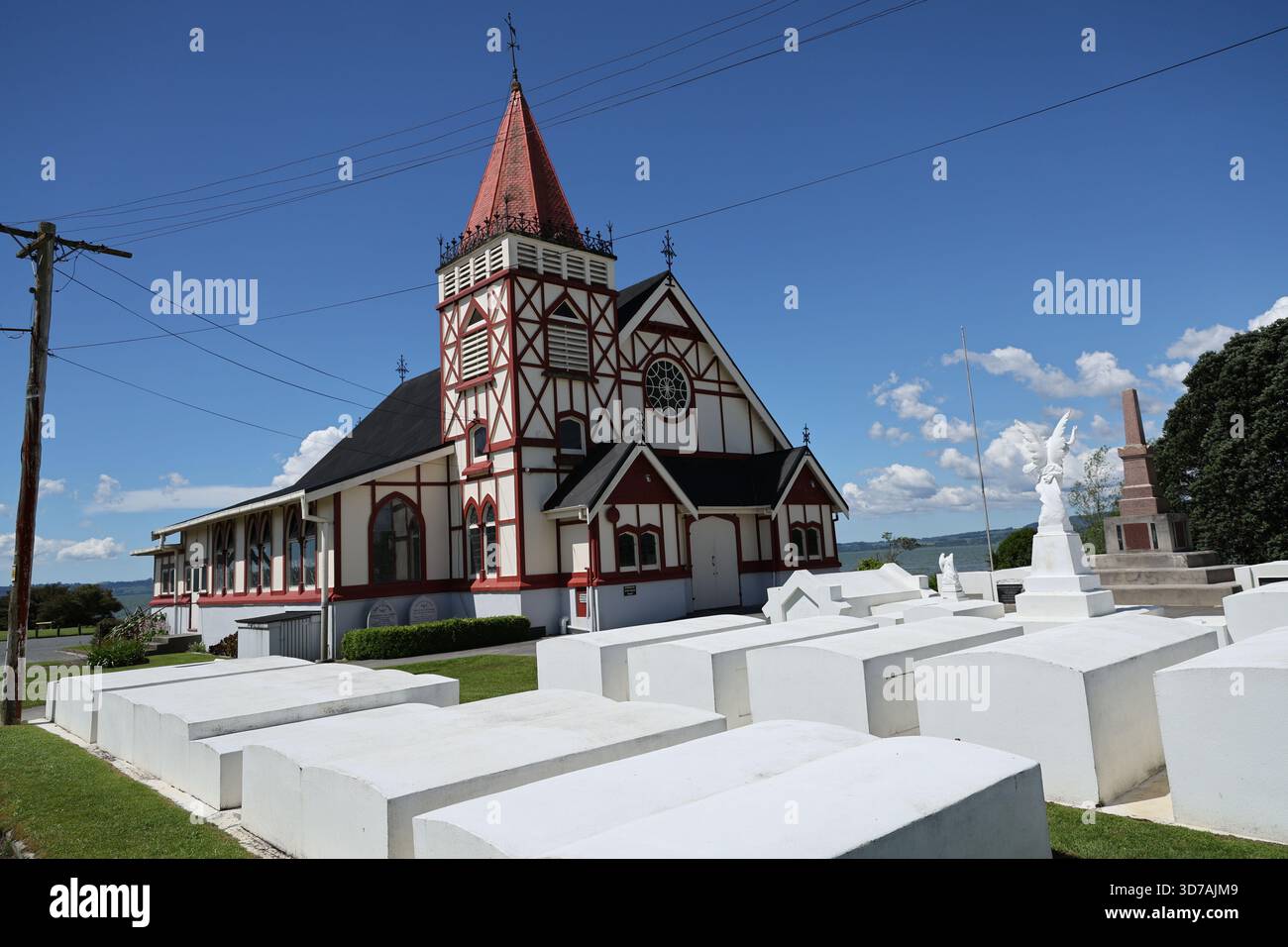 Historic Red White Church Beside Bright Cemetery Stock Photo - Alamy
