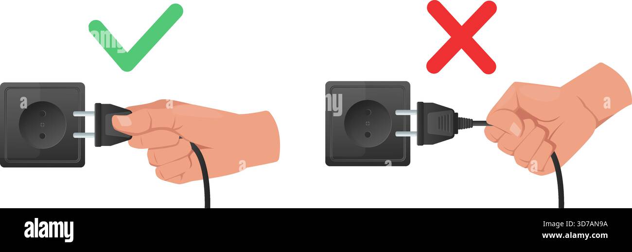 Hand with electrical plug. Correct and incorrect disconnection of connector. Unplug appliance. Electric power outlet. Electronic equipment use manual Stock Vector