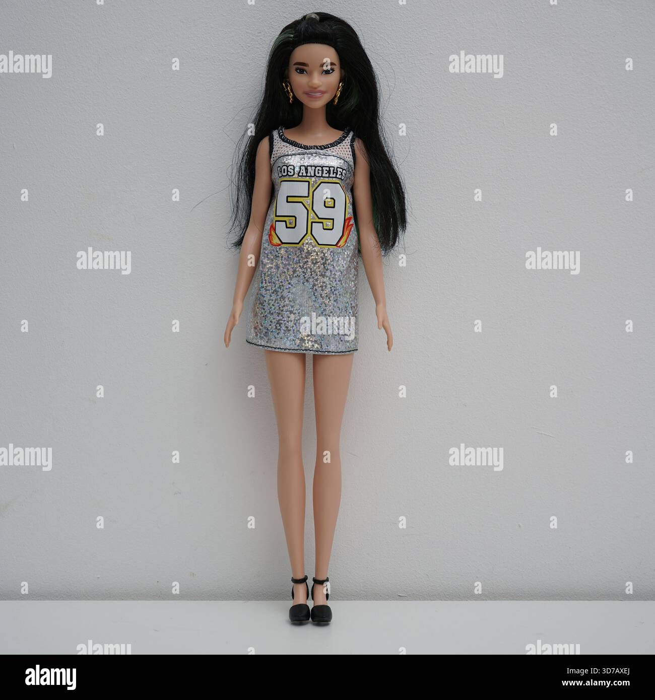 fitted lace wedding dress Barbie Fashionistas Doll #185, Black Up-do Hair, Off-Shoulder Bleached Dress