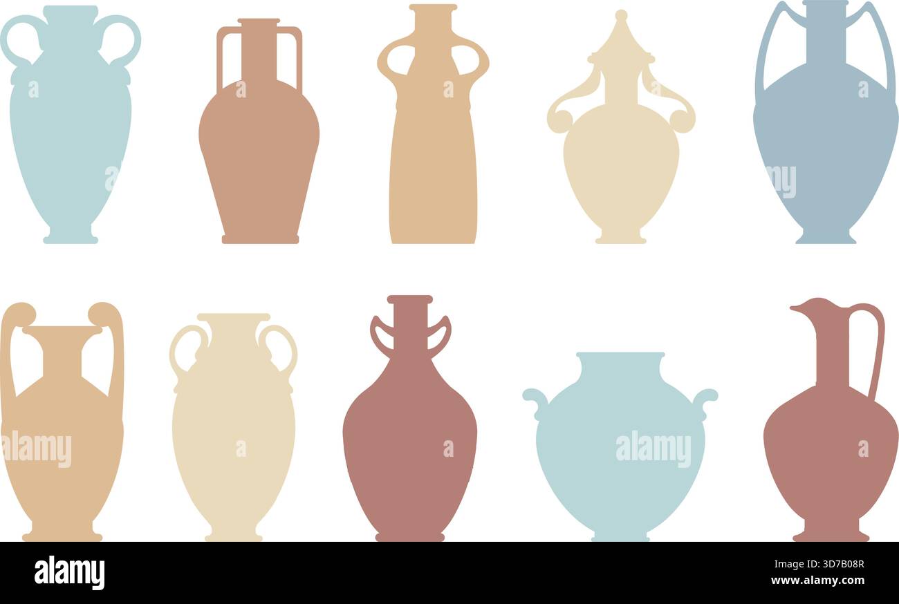 Ancient antique ceramic vases and vessels of various shapes. Colored ...