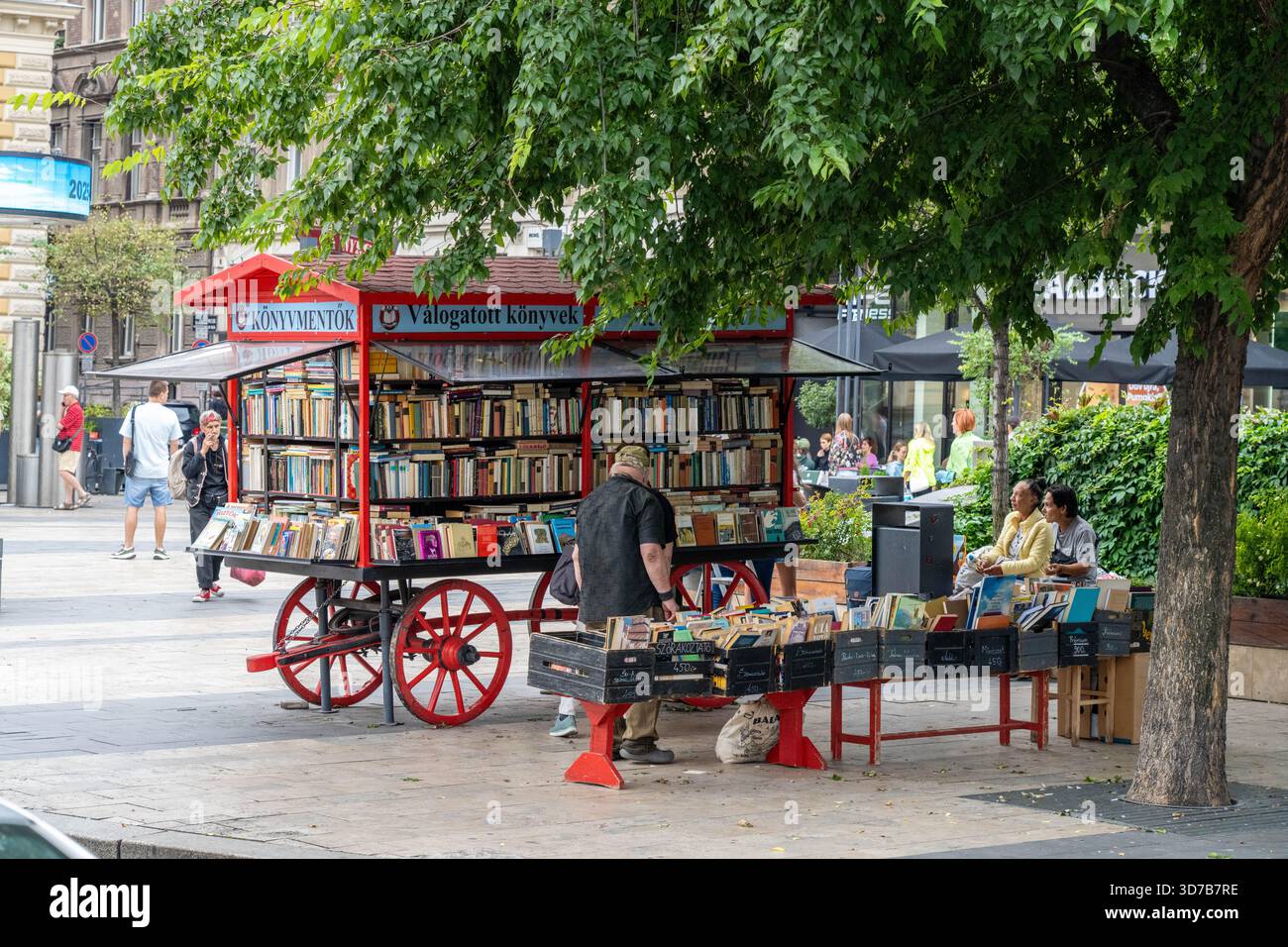 Budapest Hungary - September 10 2025: A Mobile Bookseller With a Wagon Full of Books Outside in Budapest Hungary Stock Photo