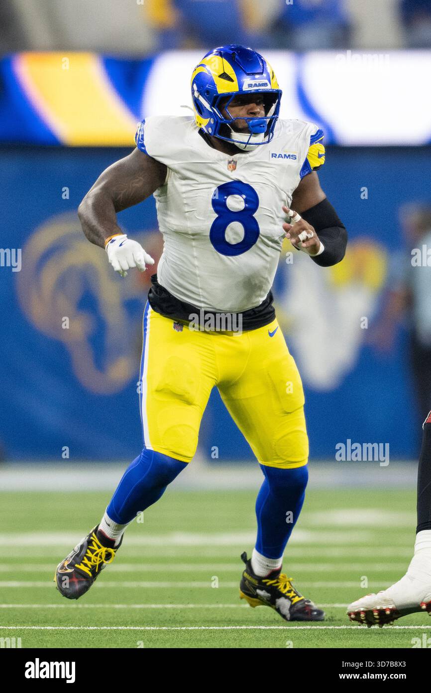 Los Angeles Rams linebacker Jared Verse (8) runs during an NFL football ...