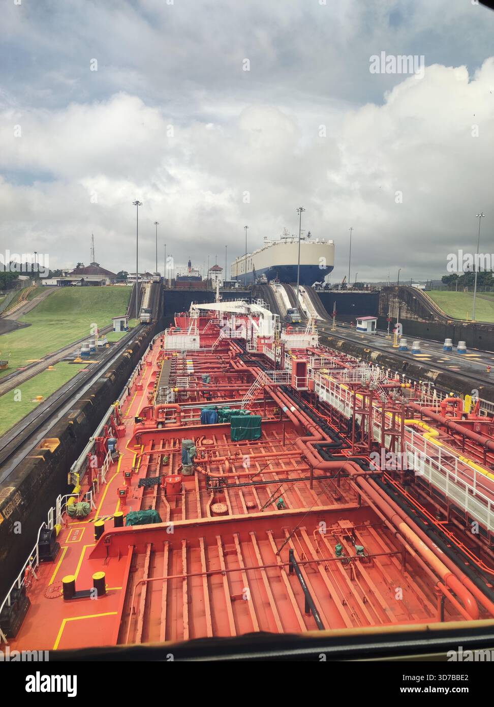 The tanker vessel passing the Panama canal at August with good weather - Smartphone Captured Stock Image