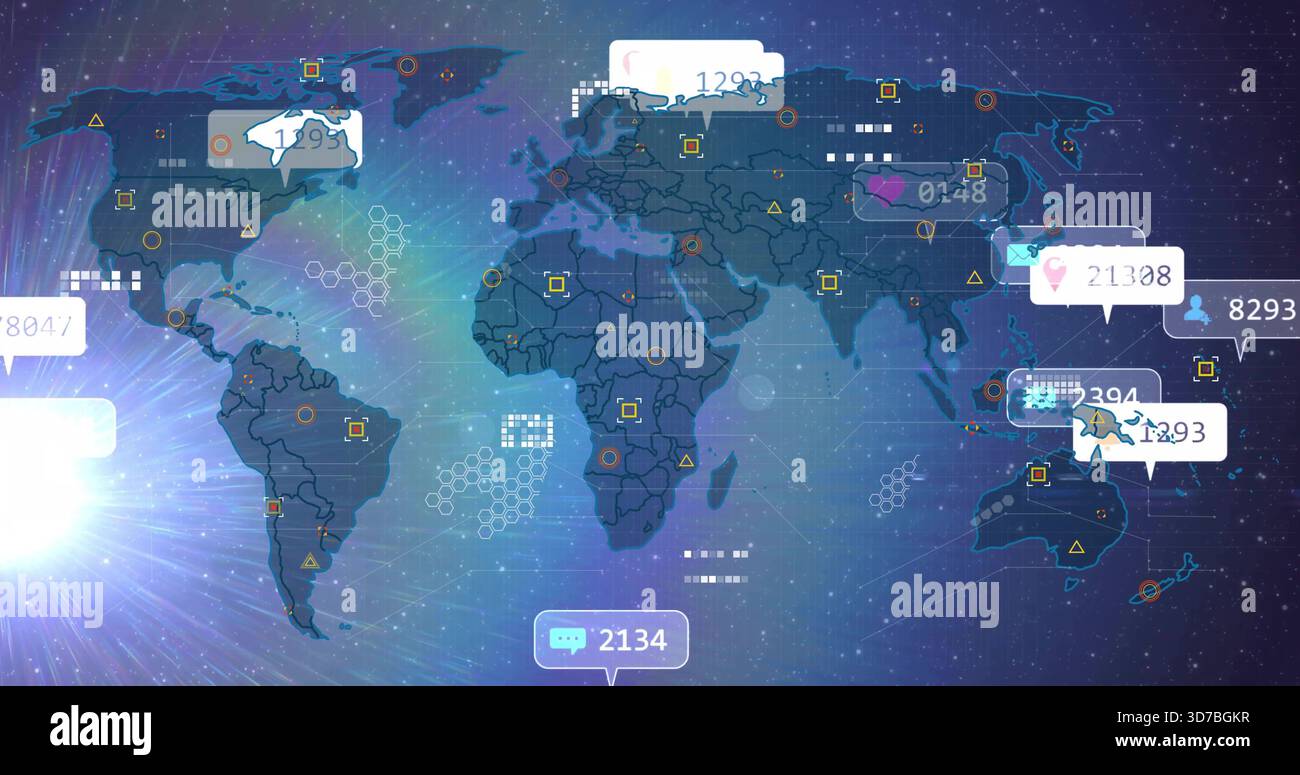 Displaying stylized world map on dashboard, showing bubble counters, user icons, warning markers Stock Photo