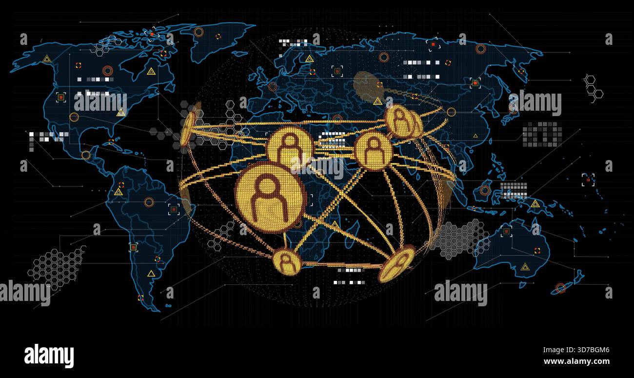 Displaying central cluster of golden user tokens pulsing on digital world map, with arced rings Stock Photo