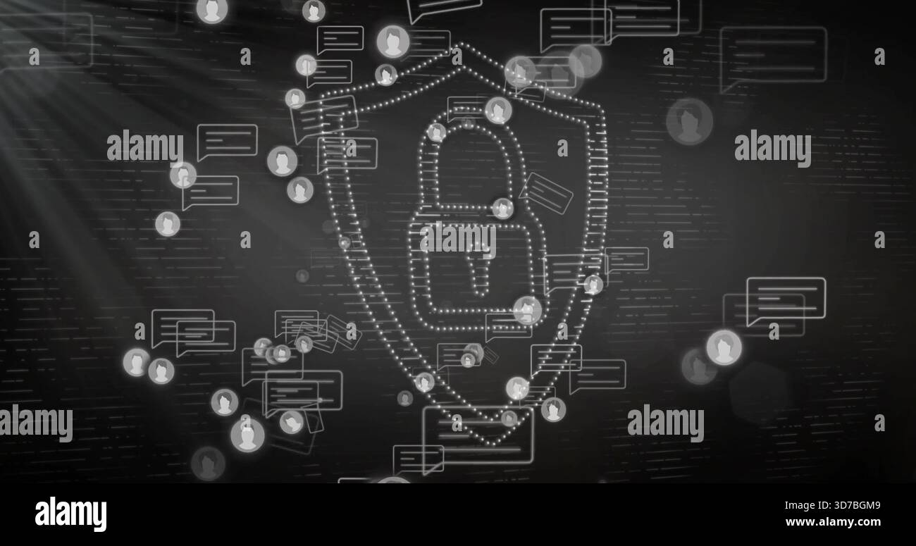 Displaying central dotted-line shield with padlock glowing in virtual cyberspace, with chat bubbles Stock Photo