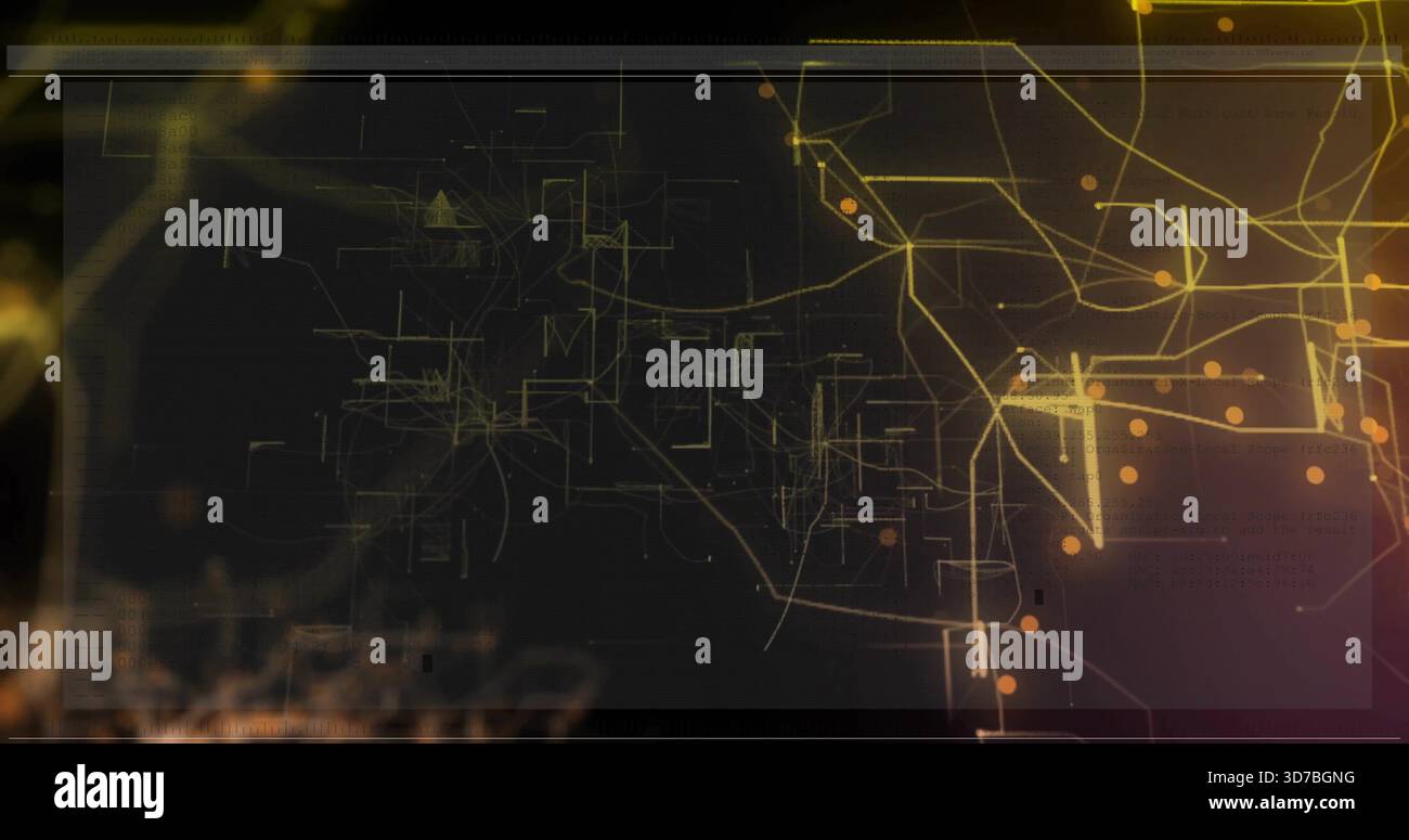 Showing digital panel featuring gold network and orange nodes on dark canvas, with grid codes Stock Photo