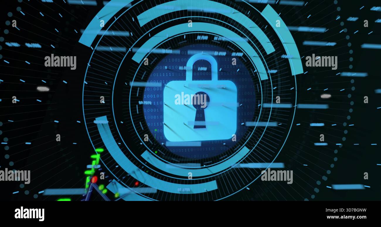 Displaying central padlock icon glowing and scanning virtual interface, with HUD rings binary code Stock Photo